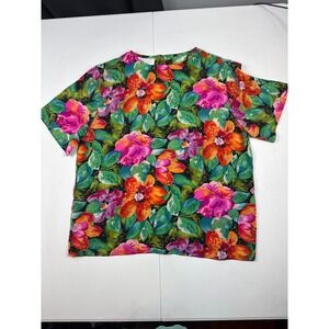 Vintage Silk Floral Blouse Bright Tropical Print Short Sleeve Womens Small
